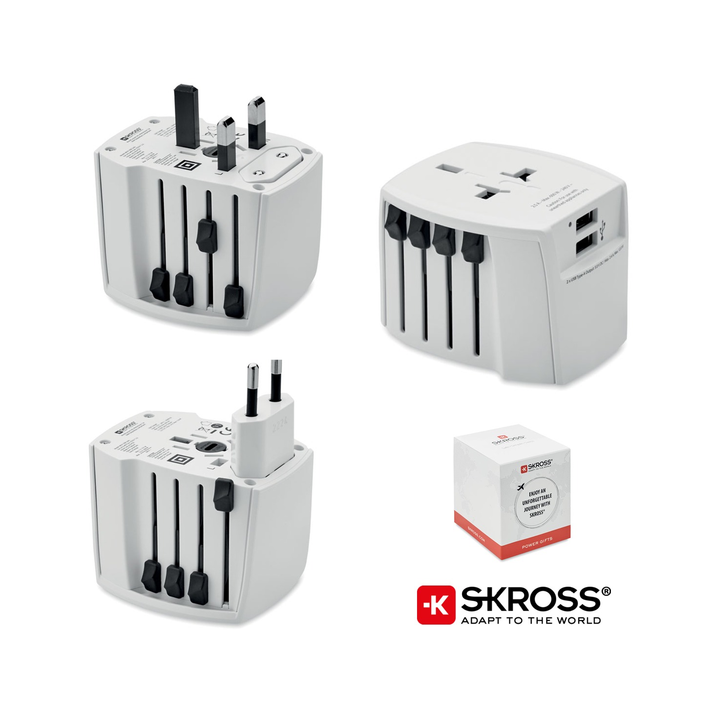 SKROSS logo and also picture of the product international plug adapter