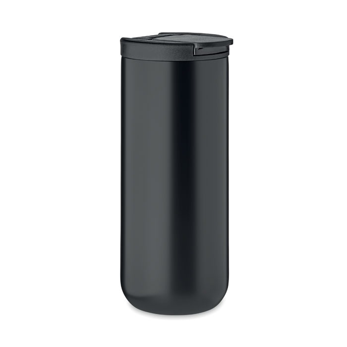 Black reusable insulated mug with lid closed