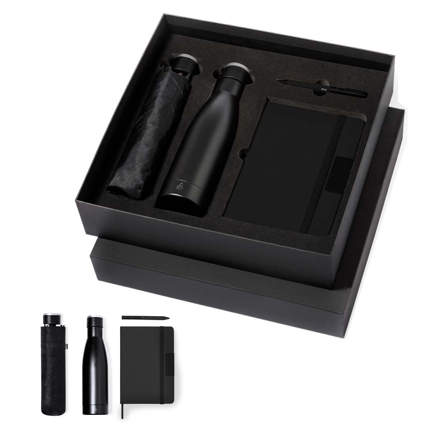 Black box with promotional products in it. Included in the box: pocket umbrella,water bottle, notebook and a pen