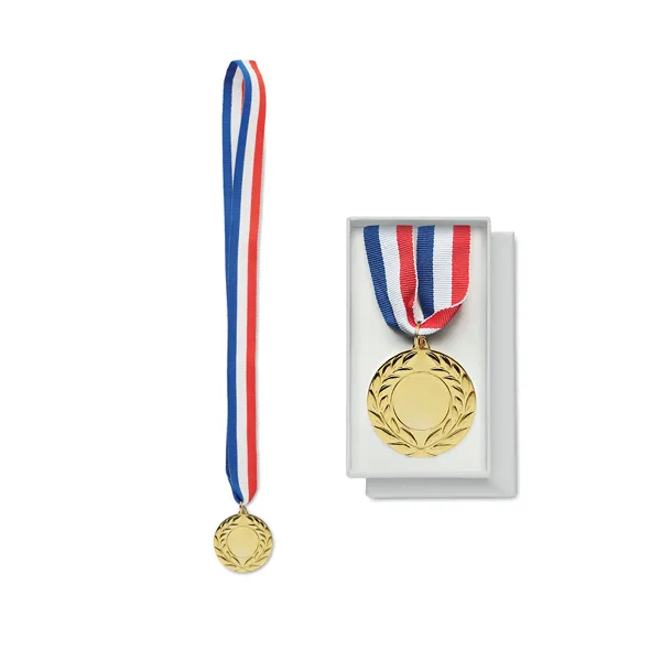 Medal made of iron with polyester strap in blue, white and red colours