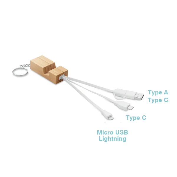 Bamboo key ring with phone stand functionality and integrated charging cable