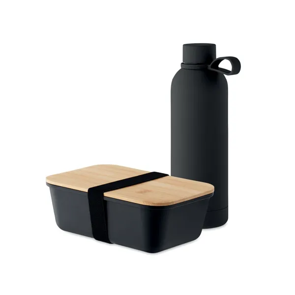 Two piece lunch gift set, including double wall vacuum insulating bottle in recycled stainless steel