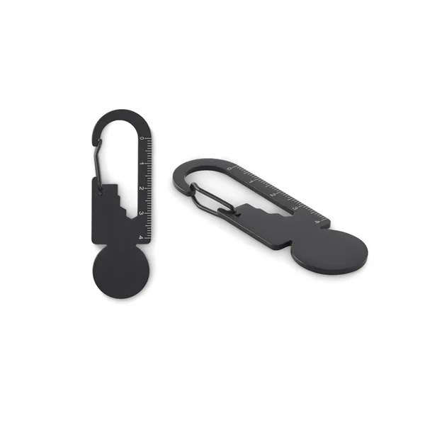 Trolley token with key ring in recycled stainless steel with multi- function tool including bottle opener, ruler and hex driver wrench