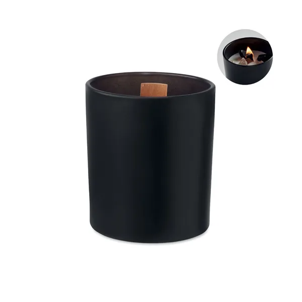 Vanilla fragranced plant based wax candle in glass with stones and wooden wick