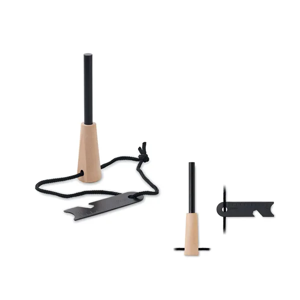 Fire starter tools in pine wood and stainless steel including a lighting stick