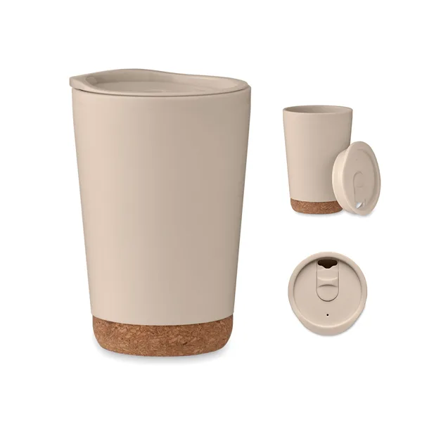 Double wall tumbler in PP with cork base and slide closing drinking mouthpiece lid