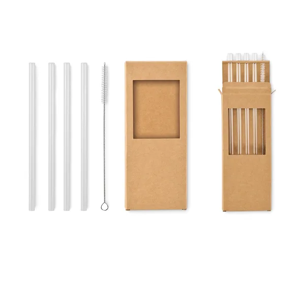Pack of 4 reusable straws in high borosilicate glass with 1 cleaning brush