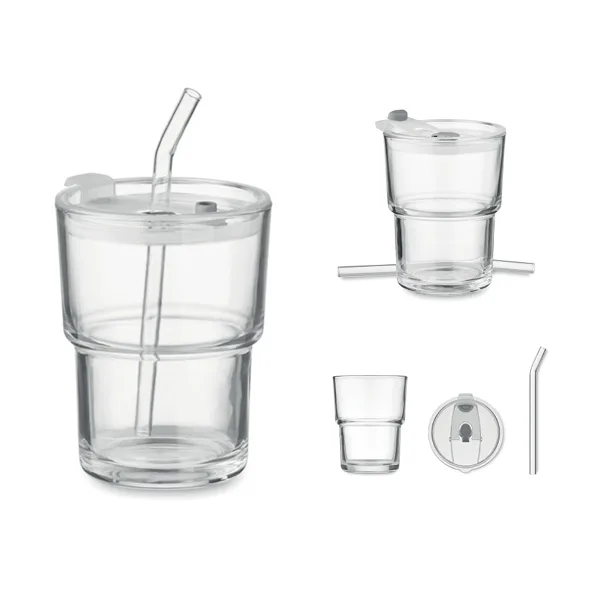 Glass tumbler with lid including removable glass straw