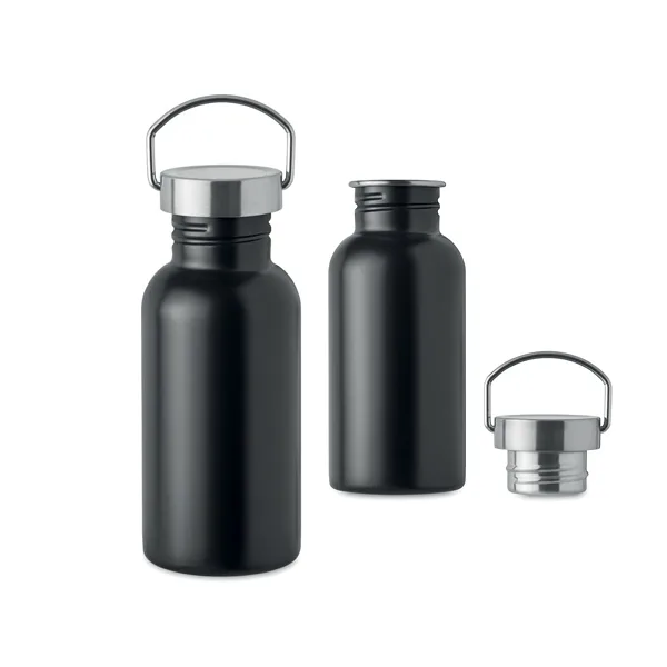 Single wall bottle in recycled stainless steel with lid and handle