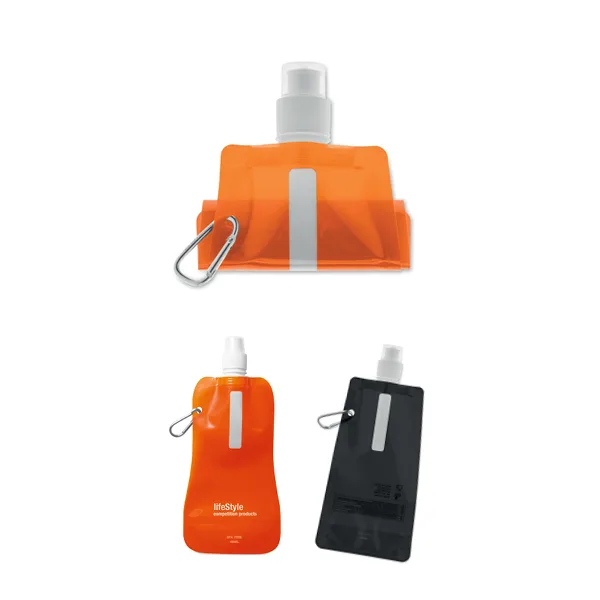 Foldable water bottle in PET which is BPA free with aluminium carabiner