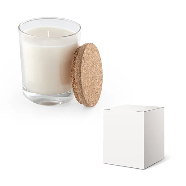 Aromatic candle in a glass cup with a cork lid