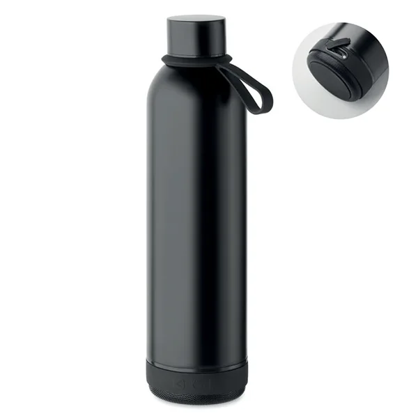 Double wall vacuum insulating bottle in recycled stainless steel and silicone carry handle with detachable 3W wireless speaker