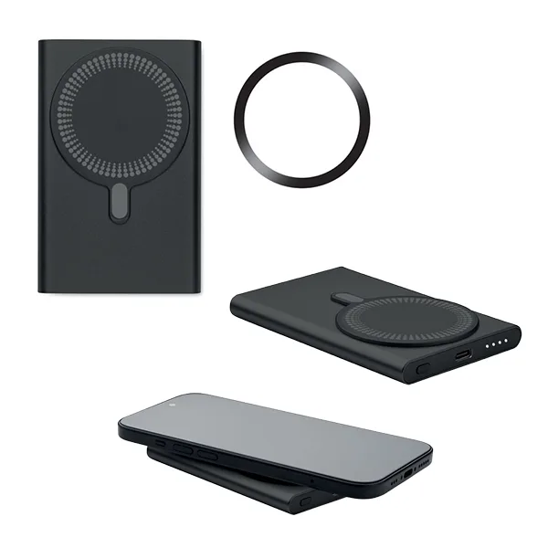 Magnetic wireless charger (15W) in recycled aluminium and power bank (5000 mAh)