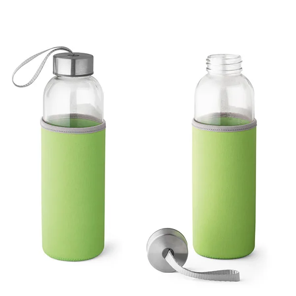 Glass and stainless steel sports bottle with a handle on the screw-on lid for easy transport